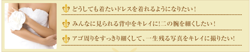 どうしても着たいドレスを着れるようになりたい！みんなに見られる背中をキレイに！二の腕を細くしたい！アゴ周りをすっきり細くして、一生残る写真をキレイに撮りたい！